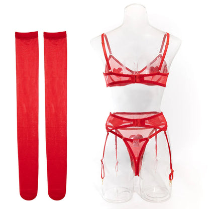 Pink Heart Patchwork Lingerie 4 Piece Mesh See-through Bras And Panties Suits With Stocking Fancy Set The Clothing Company Sydney