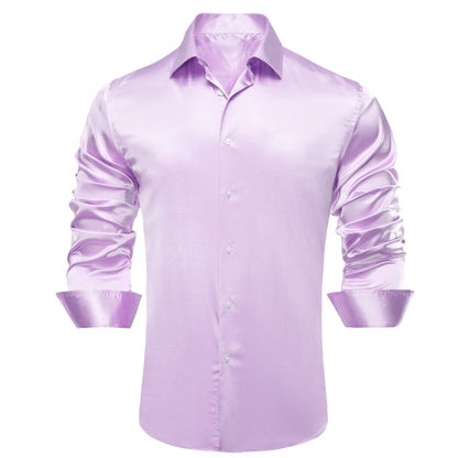 Lilac Mauve Lavender Purple Silk Mens Shirts Luxury Lapel Long Sleeve Dress Shirt
