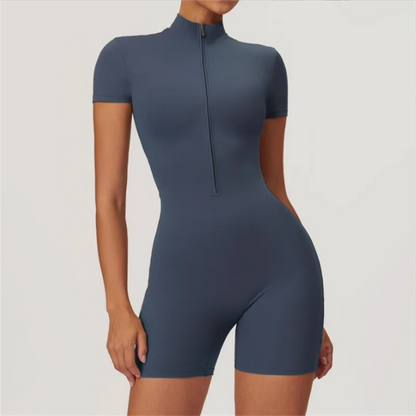 One Piece Yoga Suit with Stand up Collar Half Zipper Short Sleeve Gym Jumpsuit Activewear