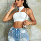 A pair of stylish diamond-studded chain denim shorts The Clothing Company Sydney