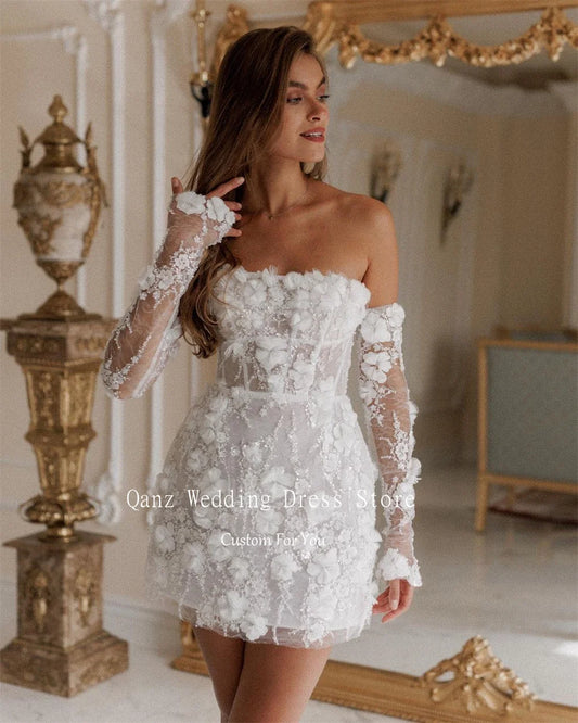 Elegant Short Wedding Dresses White Flowers Mermaid Detachable Sleeves Bridal Dress The Clothing Company Sydney