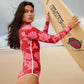 Women Print Floral One Piece Swimsuit Long Sleeve Bathing Suit Swimsuit Vintage Beachwear Surfing Swim Suit