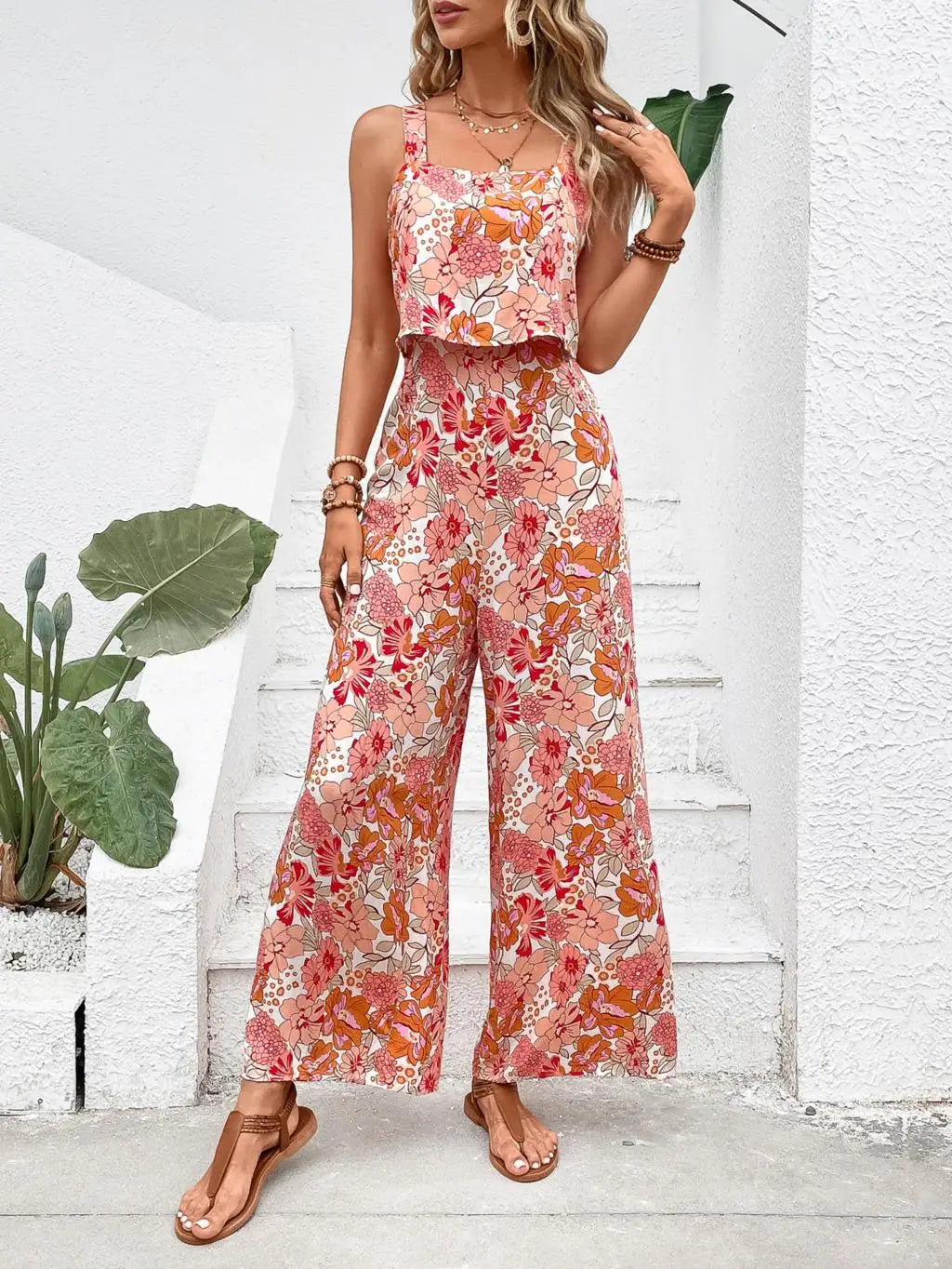 Elegant Long Women's Backless Wide Leg Jumpsuits Casual Sleeveless Floral Rompers Summer Matching Outfit Set