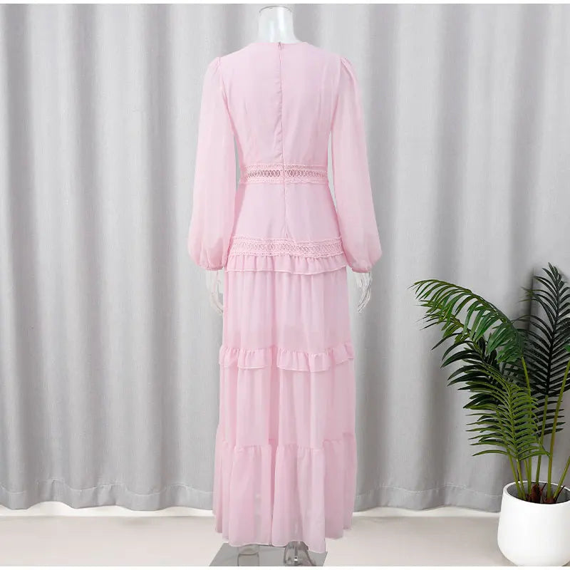 Women V-neck Lantern Long Sleeves Maxi Dress Elegant Patchwork Ruffles Hollow Lace Slim  Summer Dress