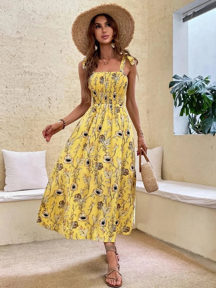 Floral Long Dress Women's Backless Sleeveless Bandage Beach Sundress Casual Green Summer Ladies Dresses