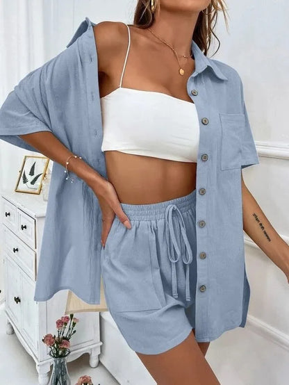 Long Sleeve Single breasted Top Broad legged Shorts Set Fashion Ladies Solid Suits Summer 2 Piece Matching Outfits For Women The Clothing Company Sydney