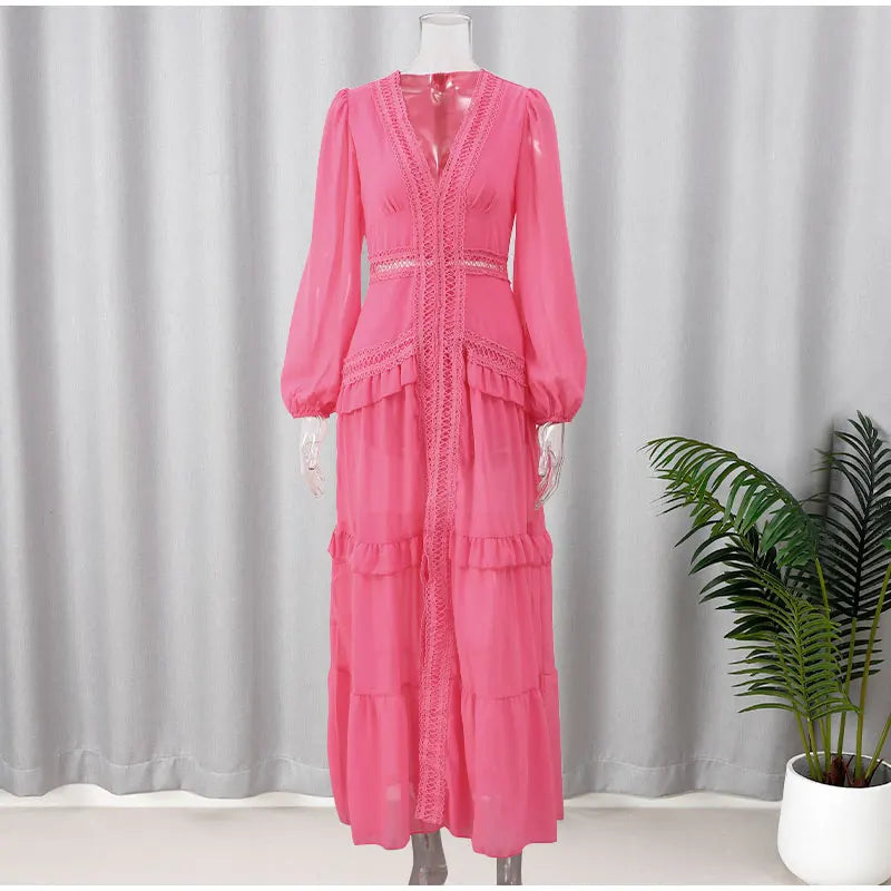 Women V-neck Lantern Long Sleeves Maxi Dress Elegant Patchwork Ruffles Hollow Lace Slim  Summer Dress