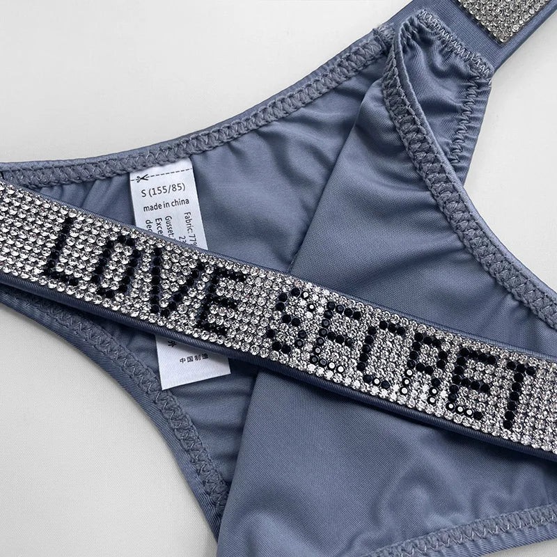 Letter Print Panties Women Thongs Rhinestones Diamonds G-string Sports Thong Low Waist Briefs T-back Underwear