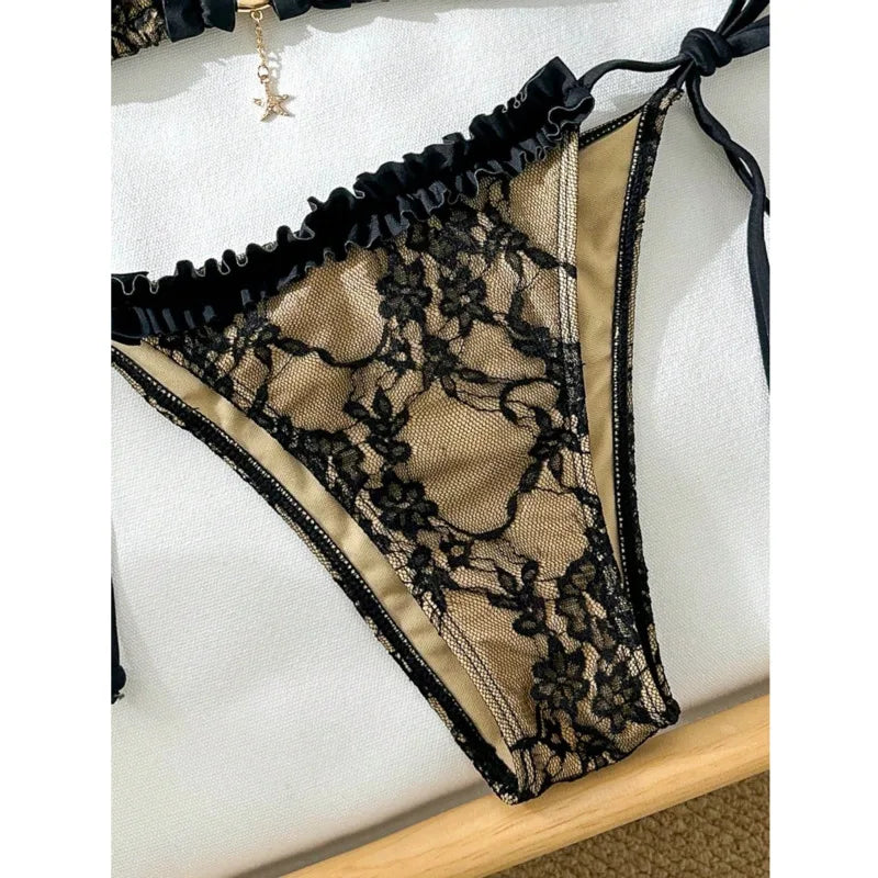 2-piece lace Brazilian bikini swimsuit set with textured detailing in a swimwear flat lay