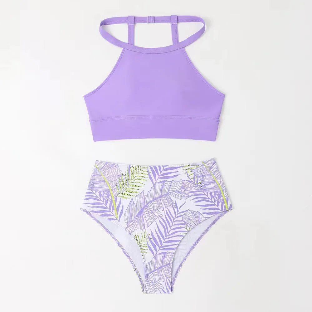 Light Purple High Waist Bikini High Neck Swimsuit Female Two Piece Swimwear Women Print Beach Wear Bathing Suit