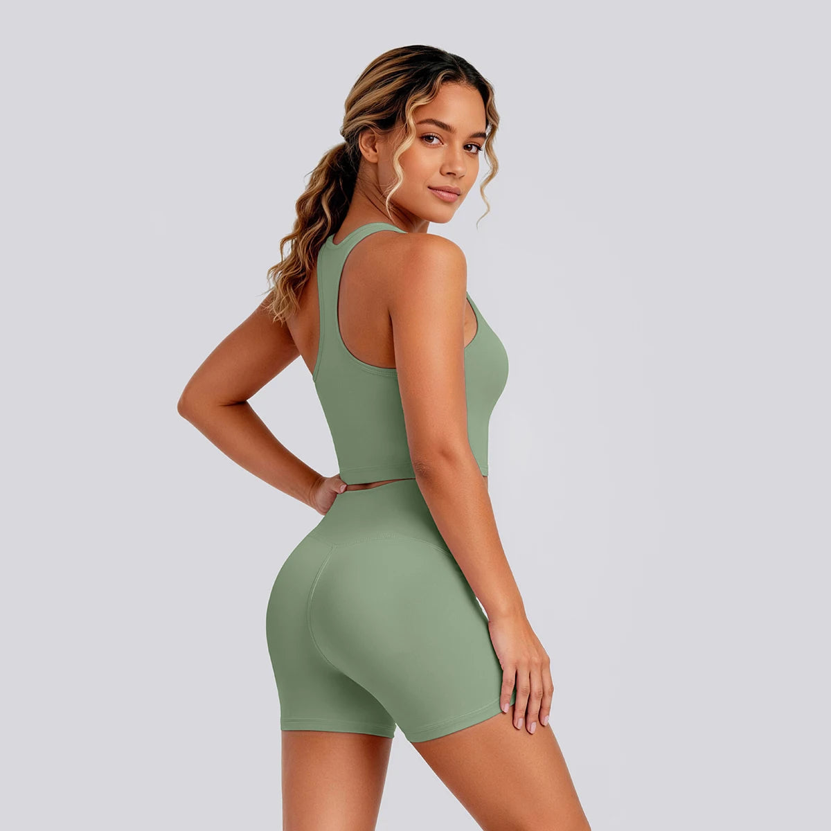 2 Piece Women's Breathable Workout Top I-shaped Vest  Push Up Quick-Dry Summer Yoga Shorts Matching Set