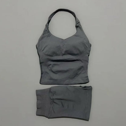 2 Piece Sports Halter Top Strappy Bra Shorts Matching Set Seamless Yoga Gym Running Fitness Shorts Suit