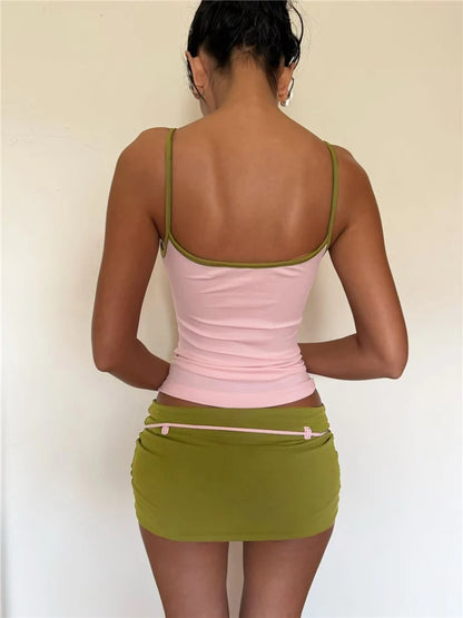 2 Piece Y2K Matching Set Womens Low-Neck Backless Camisole Top+Bandage Tassel Mini Skirt