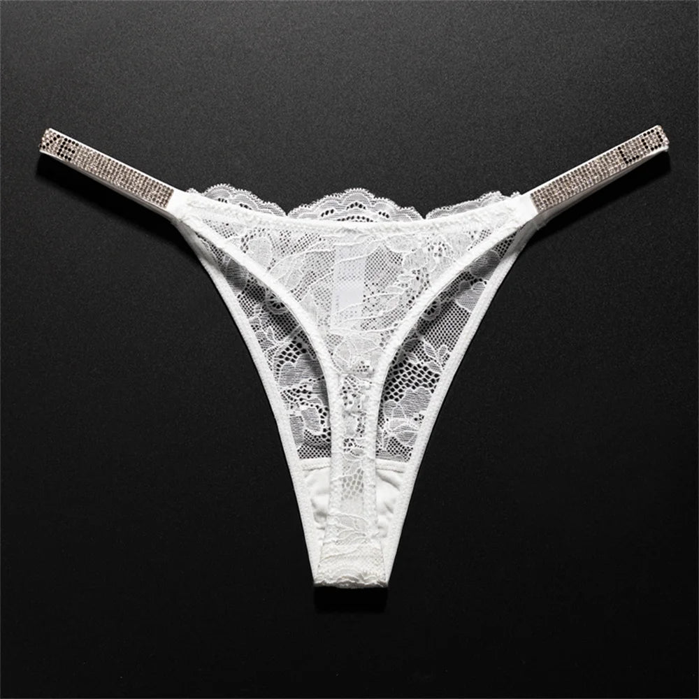 Crystal Embellished Perspective Lace Thong Breathable Underwear Women Transparent T-back Plus Size G String
