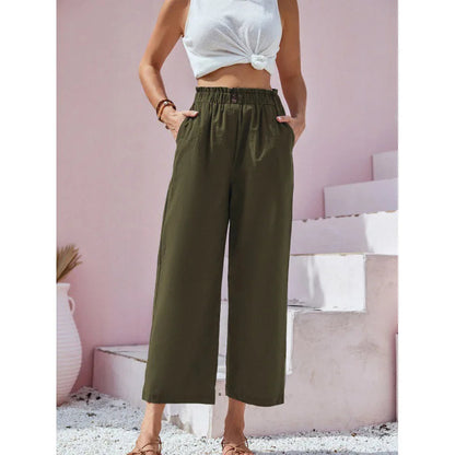 Women's Cotton Linen Loose Wide Leg Pants Summer Female High Elastic Waist Button Casual Streetwear Trousers The Clothing Company Sydney