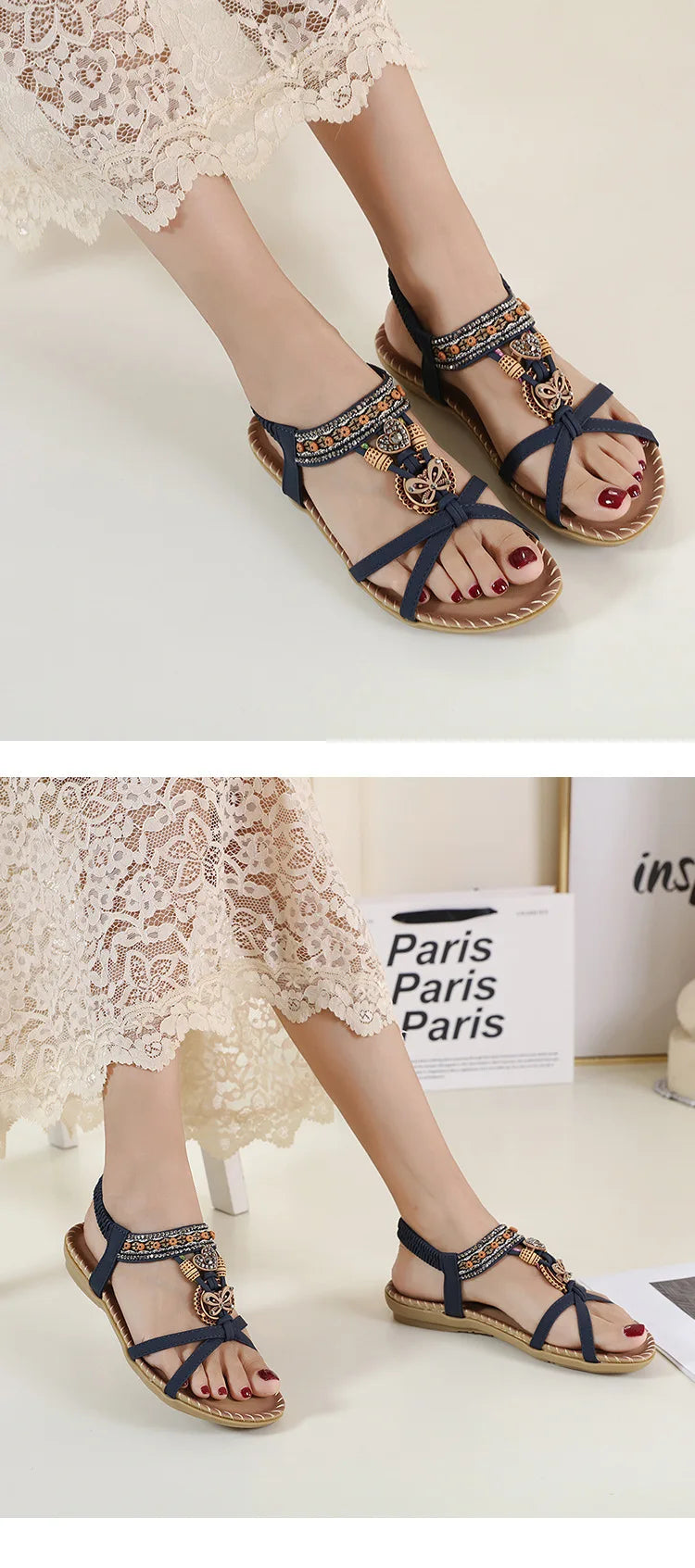 Women Fashion  Flat Flower Rhinestone Open Toe Outdoor Wear Beach Sandals