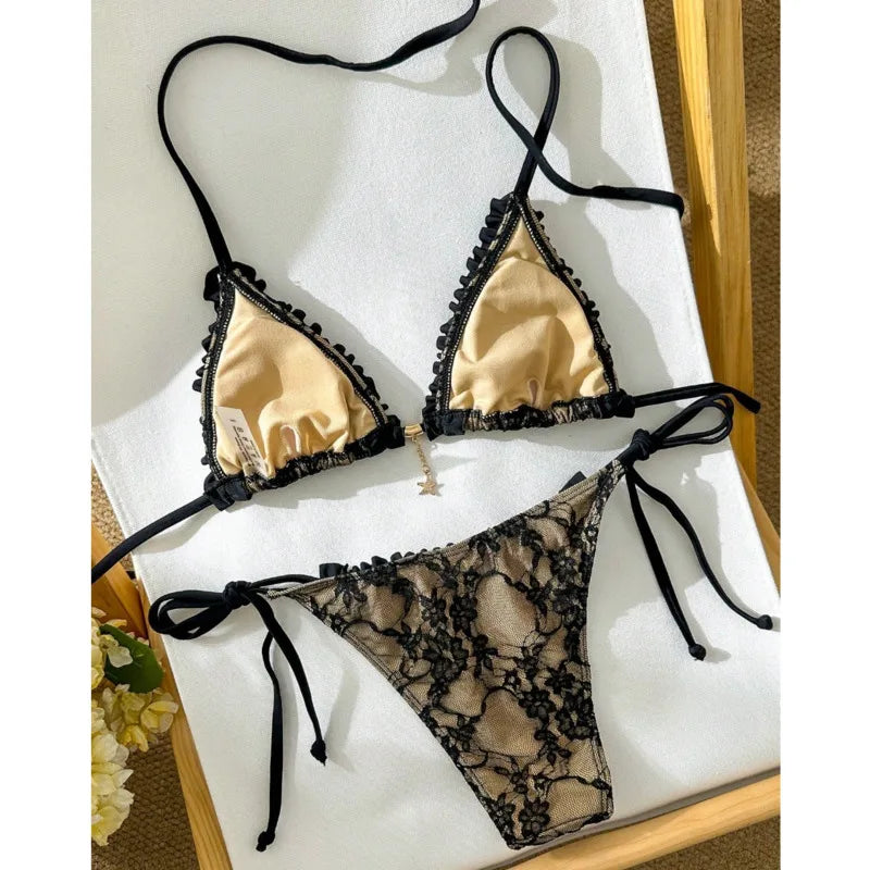 2-piece lace Brazilian bikini swimsuit set with textured fabric and adjustable straps in a beachwear style