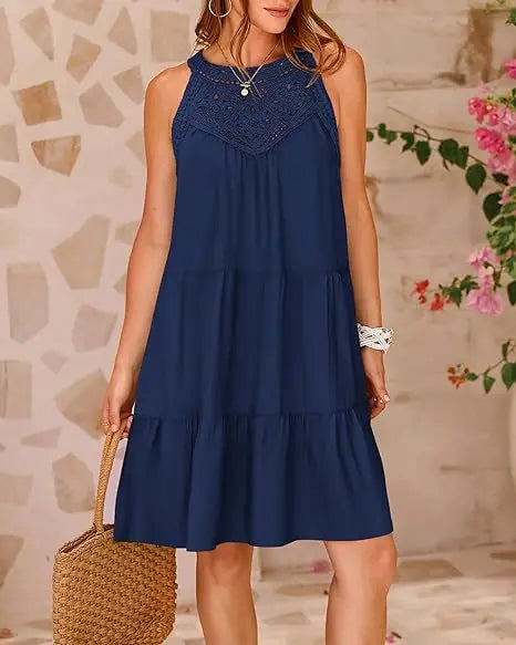 Hollow Lace Patchwork Halter Neck Women A Line Dress Summer Casual Solid Color Loose Beach Holiday Sundress