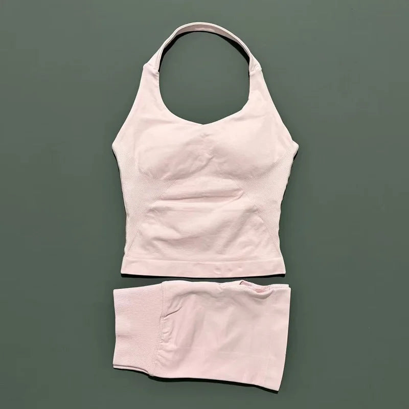2 Piece Sports Halter Top Strappy Bra Shorts Matching Set Seamless Yoga Gym Running Fitness Shorts Suit