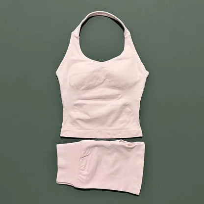 2 Piece Sports Halter Top Strappy Bra Shorts Matching Set Seamless Yoga Gym Running Fitness Shorts Suit