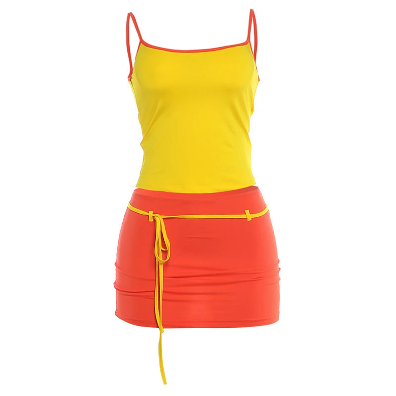 Patchwork 2 Piece Y2K Matching Set Womens Summer Trend Low-Neck Backless Camisole Top+Bandage Tassel Mini Skirt The Clothing Company Sydney
