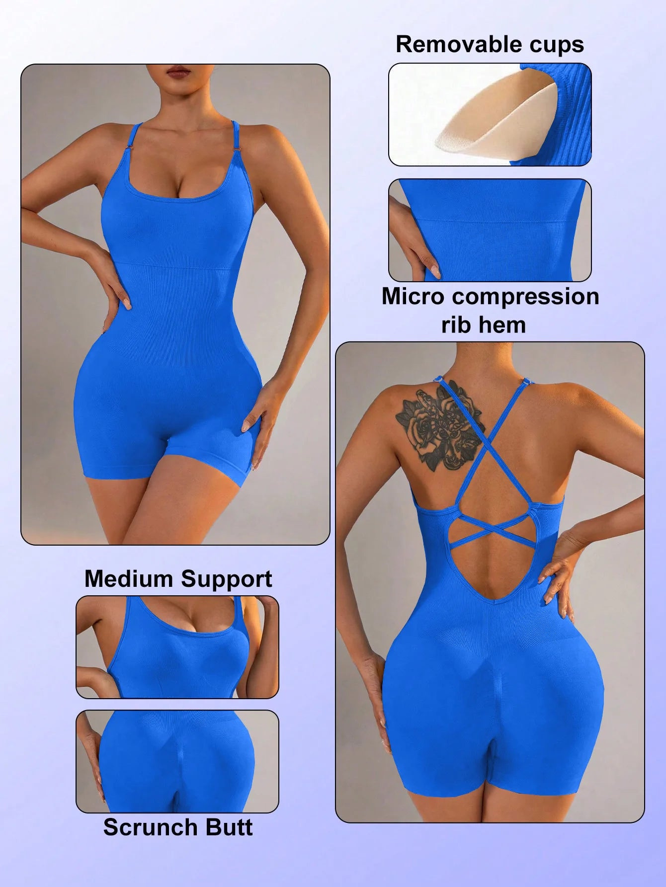 Women's Jumpsuit Short Bodycon High Elasticity Nylon Bodysuit Yoga Sports Workout Gym One Piece Criss Cross Activewear