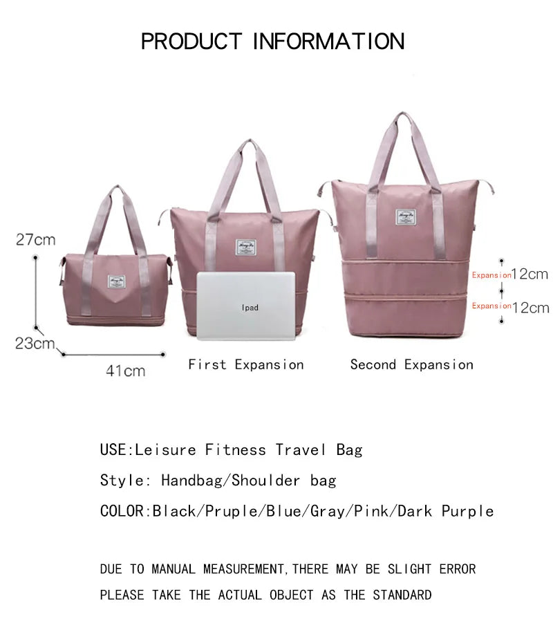 Travel Bag Women Shoulder Bag Casual Handbag Double Zipper Expansion Bag Large Bag Fashion Luggage Bag