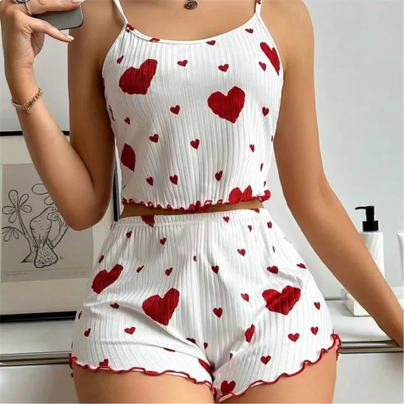 2 Piece Women's Pajamas Set Straps Sleepwear Vest Shorts set Red Heart Print Nightwear Lingerie The Clothing Company Sydney