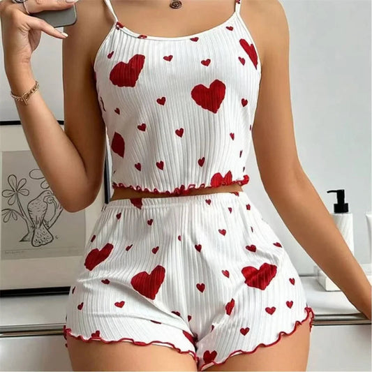 2 Piece Women's Pajamas Set Straps Sleepwear Vest Shorts set Red Heart Print Nightwear Lingerie The Clothing Company Sydney