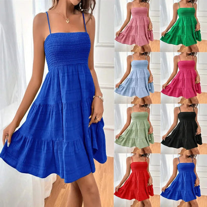 Spaghetti Strap Smocked Bustier Mini Dress Blue Ruffled Tiered Swing Dress Summer Casual Vacation Beach Wear The Clothing Company Sydney