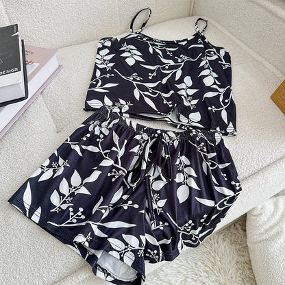 Womens Pajama Ladies Satin Pyjama Print Round Neck Ice Silk Top T-Shirt and Shorts Sets
