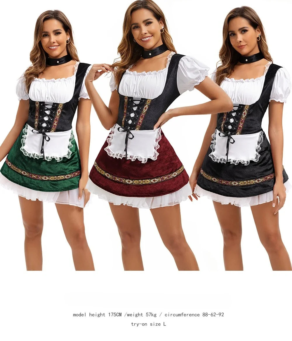 Women's Elegant Ruffled Lace Up Maid Cosplay Costume Oktoberfest Bavarian Dirndl Vintage Festival Dress