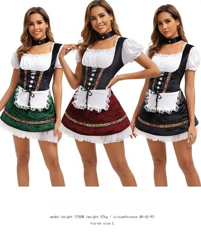 Women's Elegant Ruffled Lace Up Maid Cosplay Costume Oktoberfest Bavarian Dirndl Vintage Festival Dress