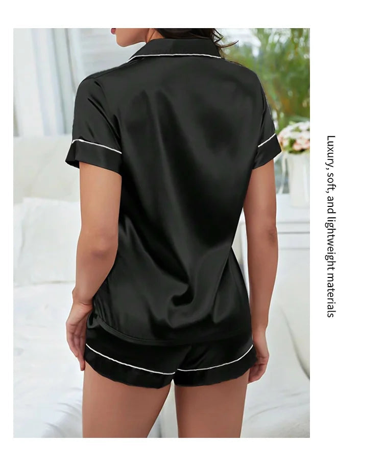 Summer Silk Satin Women Pyjamas Set Button Down Top & Shorts 2 Piece Sleepwear Notched Collar Nightwear Loungewear The Clothing Company Sydney