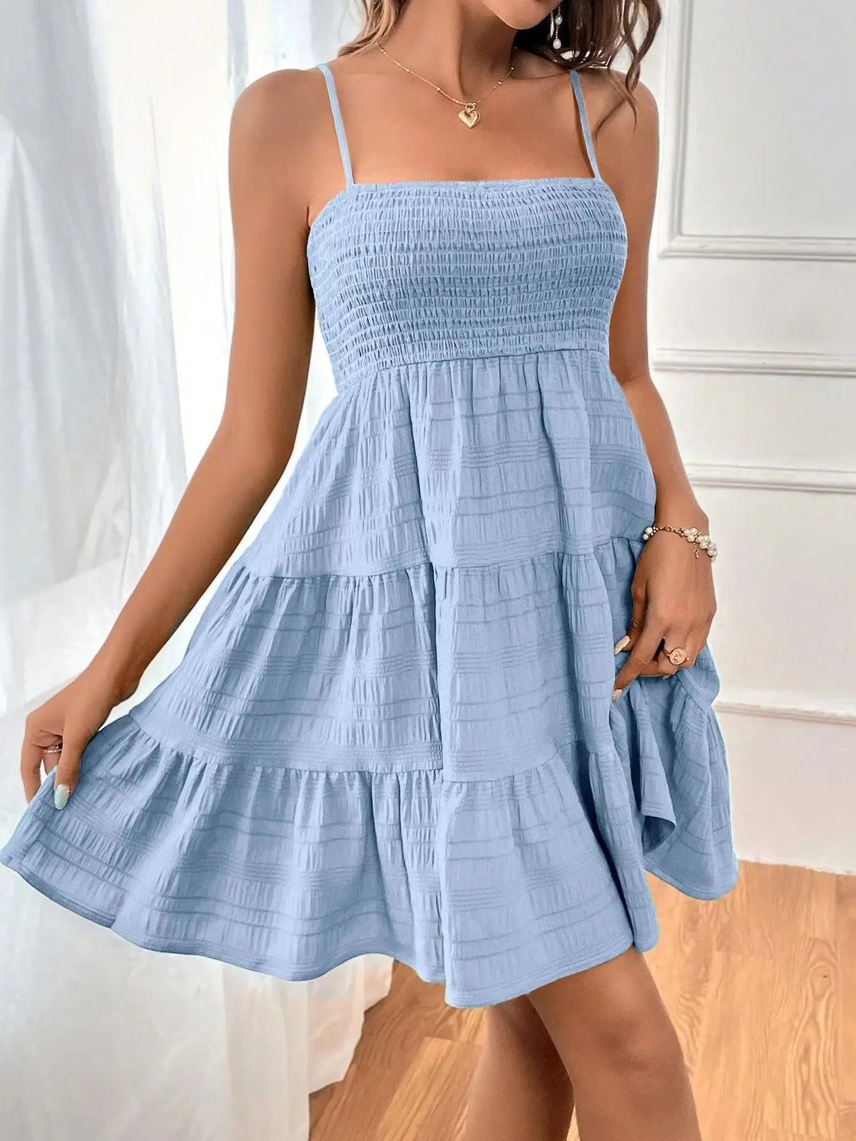 Spaghetti Strap Smocked Bustier Mini Dress Blue Ruffled Tiered Swing Dress Summer Casual Vacation Beach Wear The Clothing Company Sydney