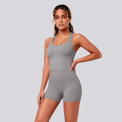 2 Piece Women's Breathable Workout Top I-shaped Vest  Push Up Quick-Dry Summer Yoga Shorts Matching Set