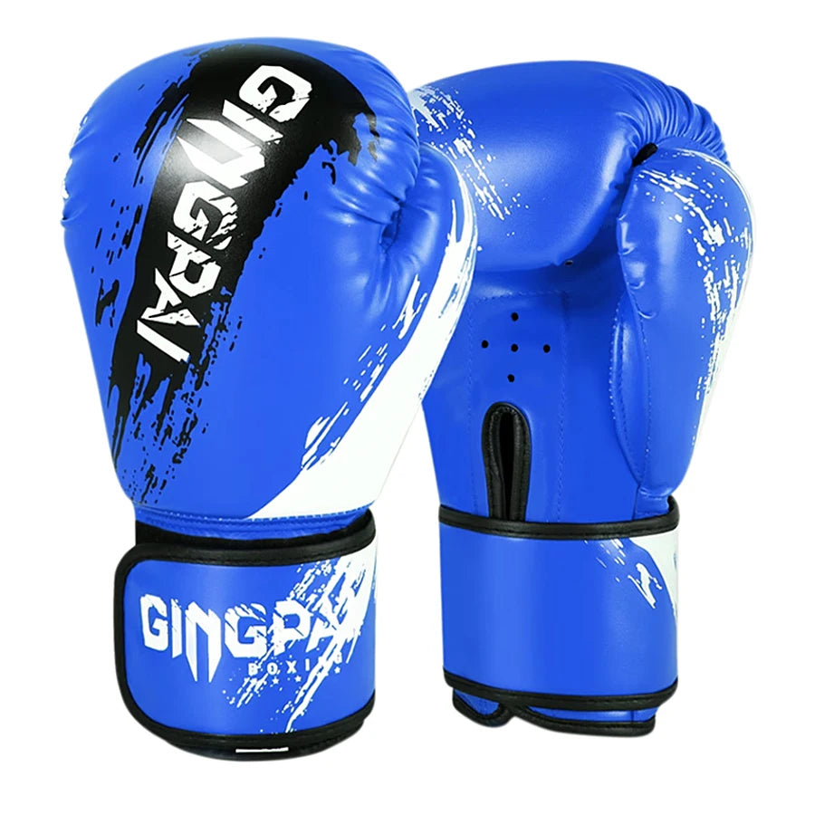 Black, red and blue adjustable boxing Muay Thai gloves for adult and kid training, sparring and hand protection