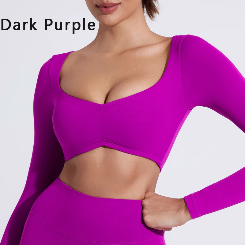 Nylon Gym Yoga long Sleeved T-shirt tight Pleated Sports women's waist tight yoga Top The Clothing Company Sydney