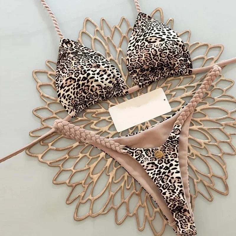 2 Piece Swimwear Leopard Printed Micro Bikini Set Striped Beachwear Summer Swimsuit Two-pieces Thong Bathing Suit