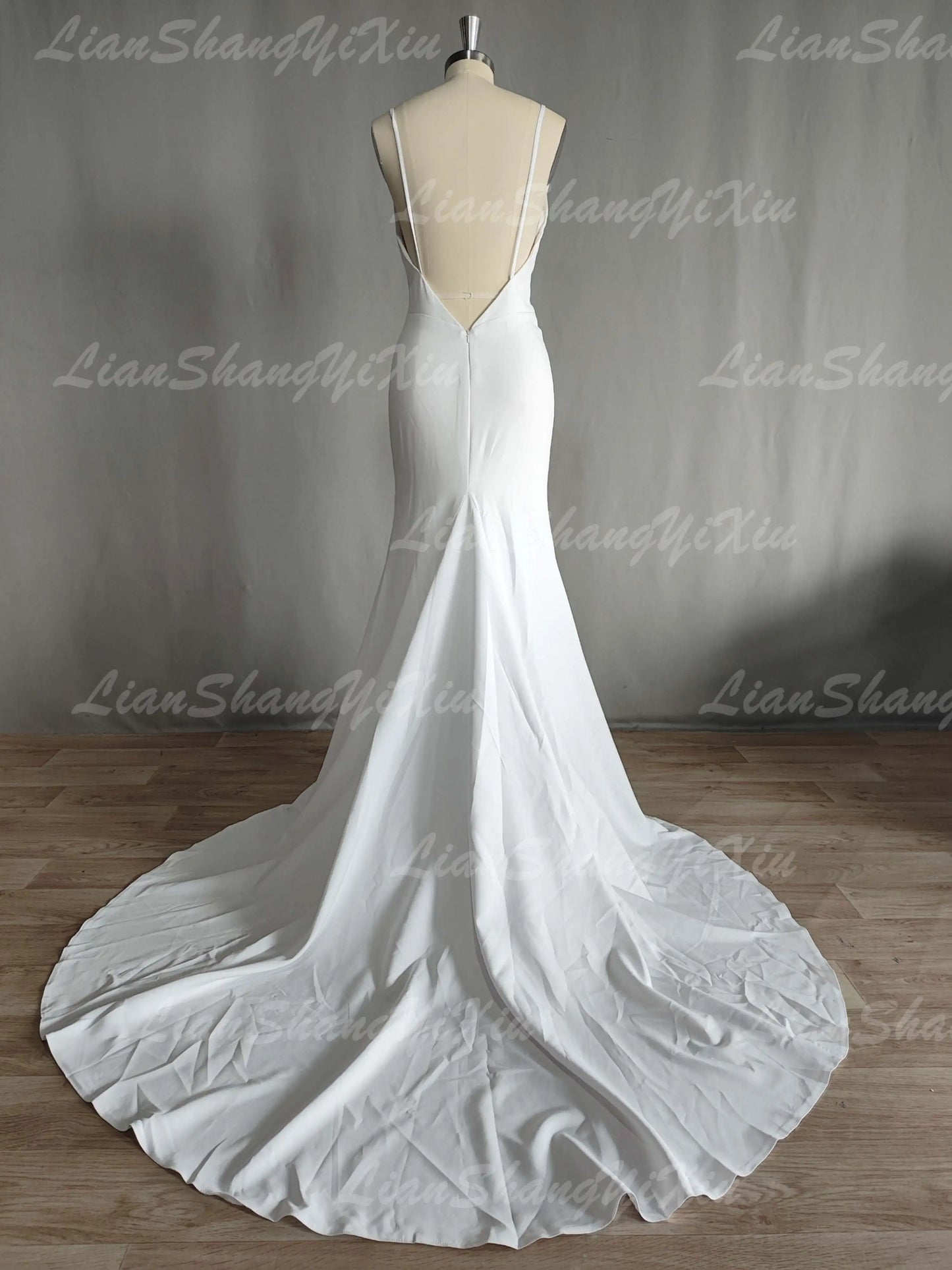 Satin Wedding Dress V-neck Spaghetti Straps Backless Formal Pleat Bridal Grown