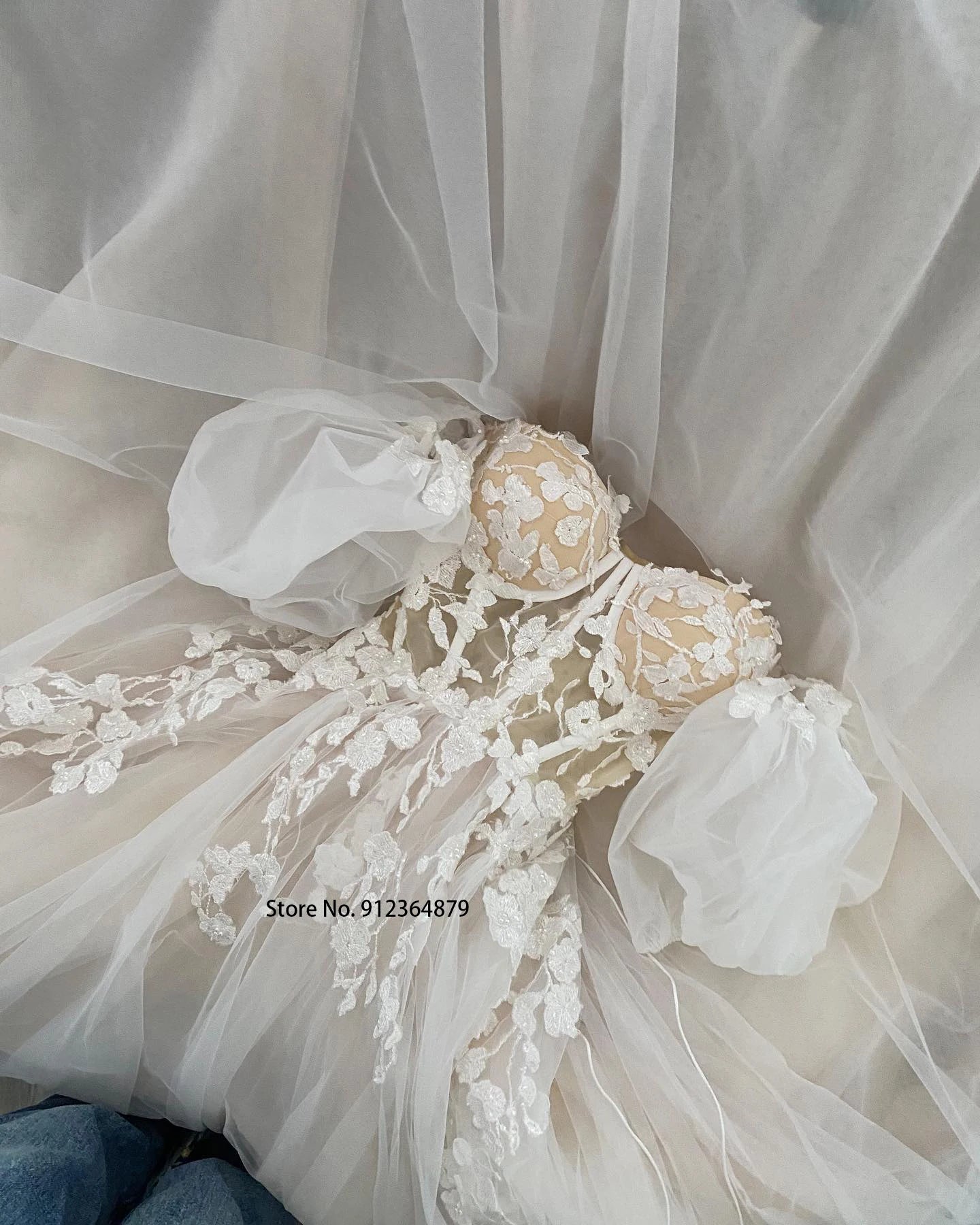 Short Puff Sleeves 3D lace Wedding Dresses Champagne Liner Tulle Appliques Formal Bridal Gowns The Clothing Company Sydney