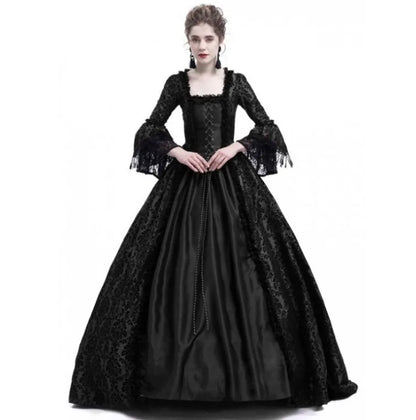 Medieval Victorian Court Lace Patchwork Gothic Halloween Witch Cosplay Party Costume Square Neck Flare Sleeve Maxi Dress