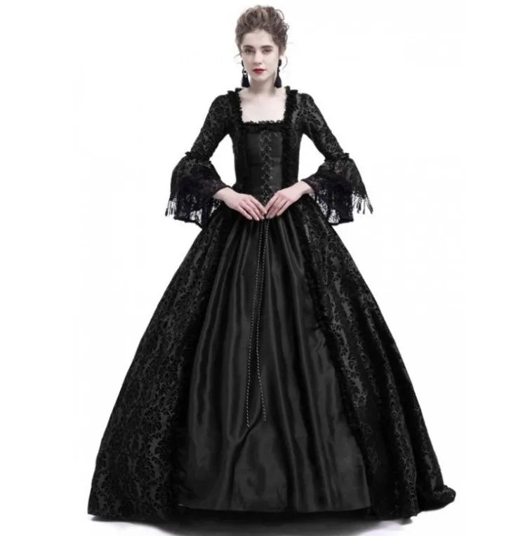 Medieval Victorian Court Lace Patchwork Gothic Halloween Witch Cosplay Party Costume Square Neck Flare Sleeve Maxi Dress