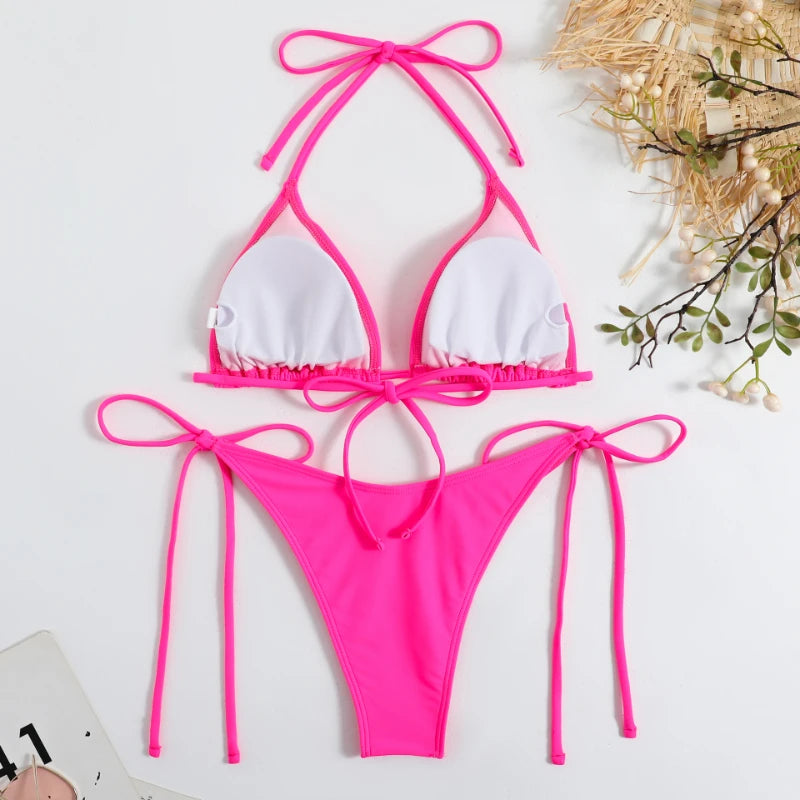 Women's Thong Solid Color Bikini Set Side Halter Tie Swimsuit Ladies Split Strap Adjustable Brazilian Swimwear Beachwear The Clothing Company Sydney