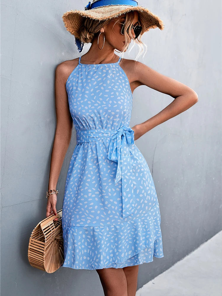 Summer Boho Dress Women Floral Print Mini Female Spaghetti Strap Short Dress Ladies Lace Up Slim Sleeveless Dress The Clothing Company Sydney