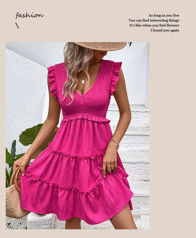 Summer Midi Dresses Casual Red Ruffle Big Hem Holiday Beach Dress Fashion Sleevelee V Neck Dresses The Clothing Company Sydney