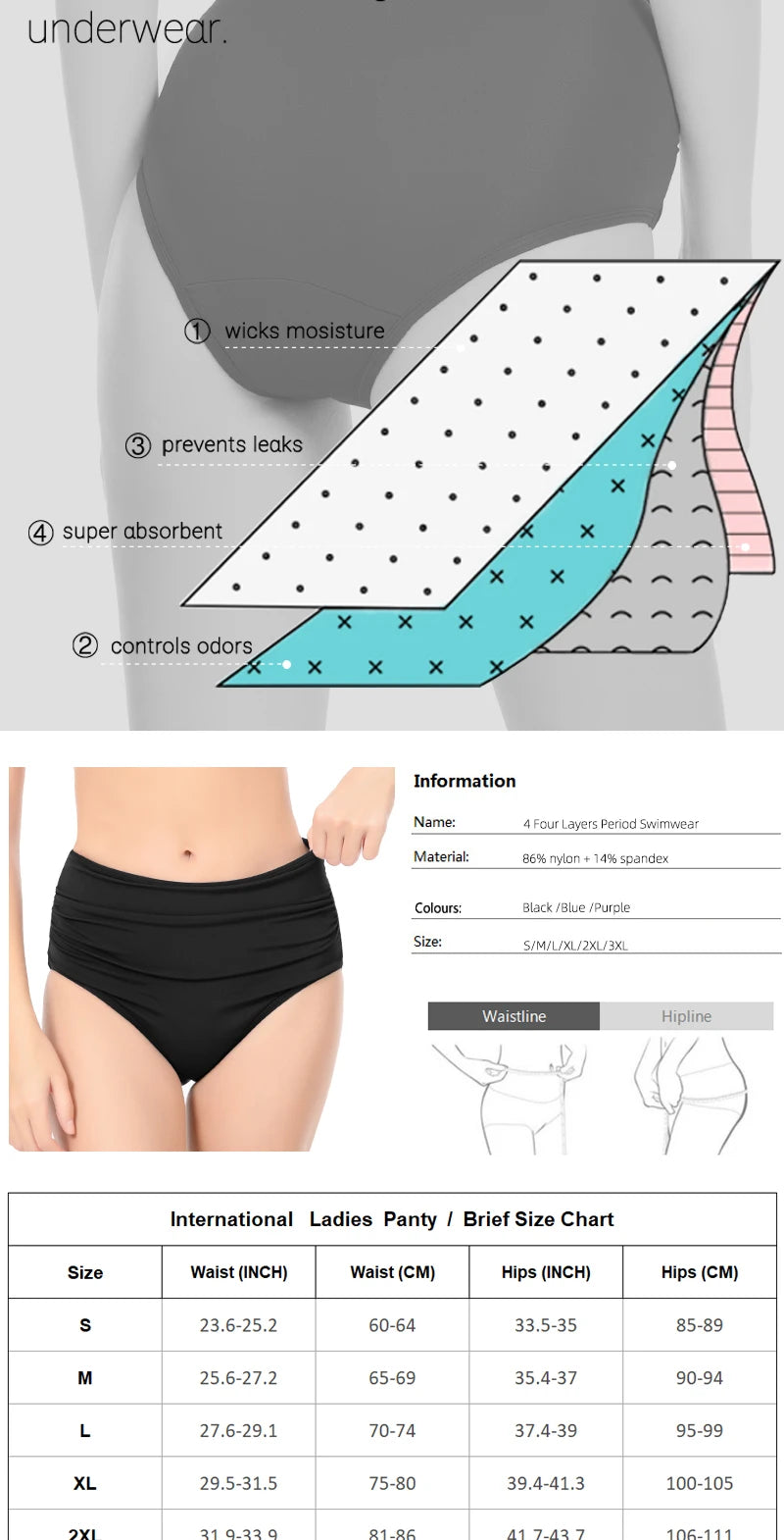 4-Layer Leak Proof Period Swimwear Bikini Bottoms Absorbent Beachwear Panties Plus Size Menstrual Swimsuit