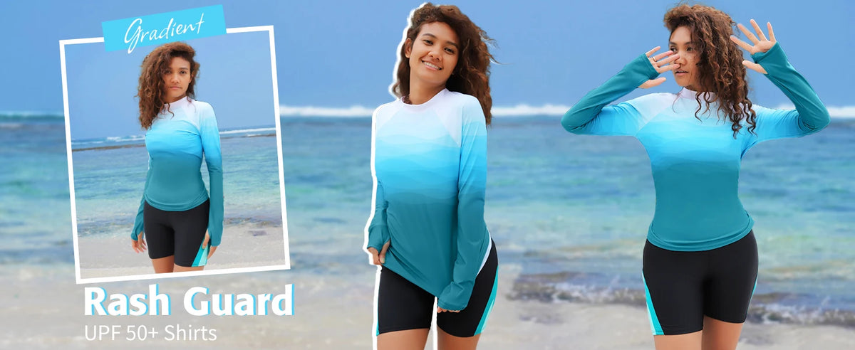 Women's long sleeve printed rashguard swimsuit with thumb holes, crew neck, UPF 50+ sun protection, from The Clothing Company Sydney.