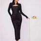 Hollow Out Long Sleeve Maxi Dress Gown Autumn Winter New Metal Buckle Ruched Slit Long Elegant Dress