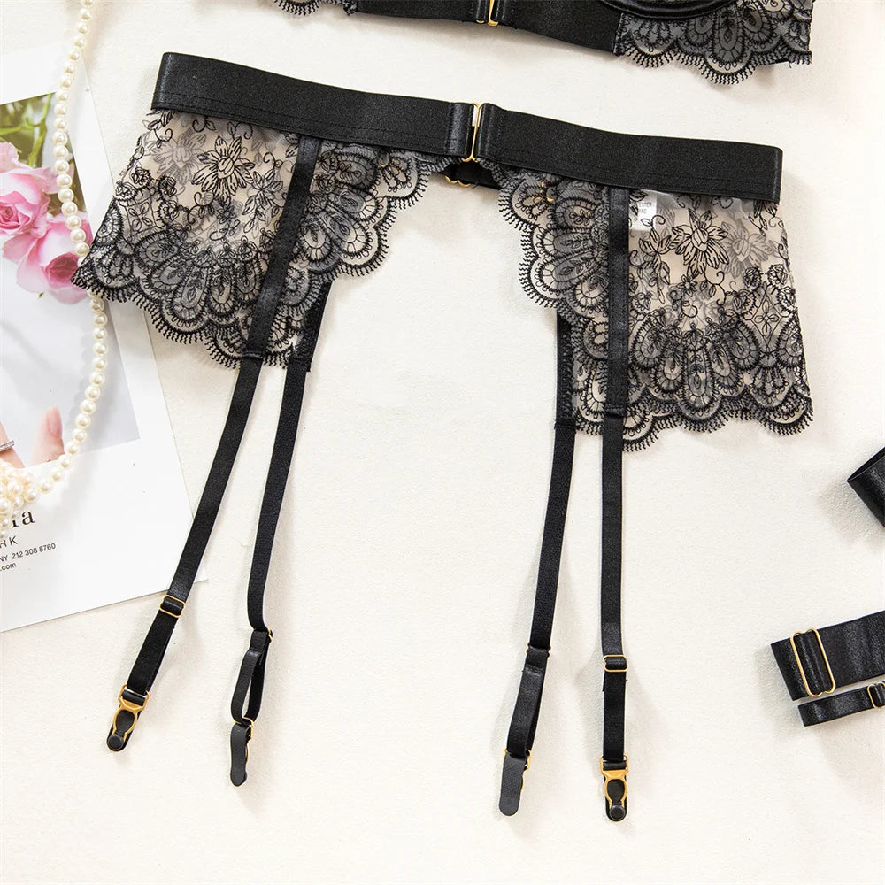 Luxury Black Flower Embroidery Lingerie 4 Piece Mesh Transparent Metal Buckle Bra And Thong Garter Set The Clothing Company Sydney